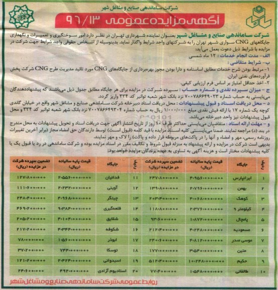 آگهی مزایده عمومی, مزایده واگذاری امور سوختگیری و تعمیرات و نگهداری جایگاههای CNG