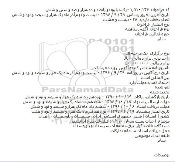 آگهی مناقصه , مناقصه احداث پست مدولار ۲۳۰/۶۳ کیلوولت پهره