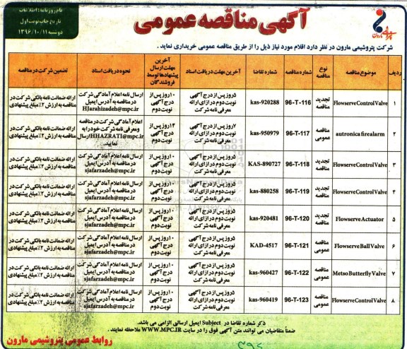 مناقصه عمومیع مناقصه Flowserve Control Valve ...