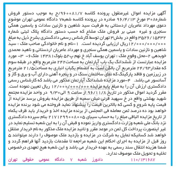 مزایده, مزایده ششدانگ یک باب آپارتمان به مساحت 242 مترمربع 