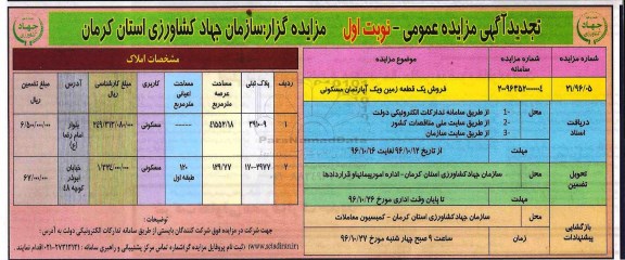 مزایده,مزایده فروش یک قطعه زمین و آپارتمان مسکونی تجدید