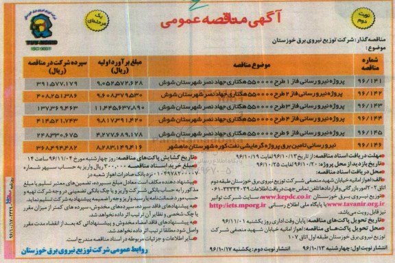 آگهی مناقصه عمومی، مناقصه پروژه نیرورسانی فاز 1 ... - نوبت دوم