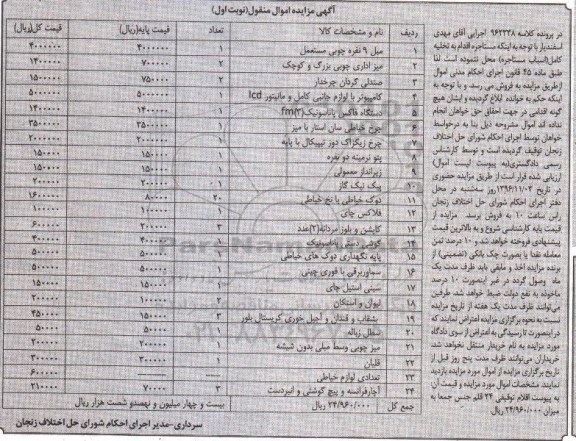 آگهی مزایده اموال منقول, مزایده  مبل- میز اداری چوبی- صندلی گردان چرخدار و ...