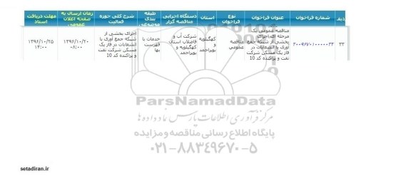 آگهی مناقصه عمومی, مناقصه اجرای بخشی از شبکه جمع آوری با انشعابات...