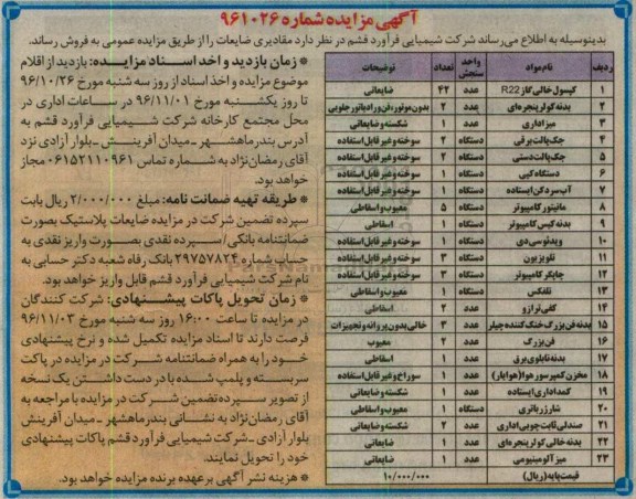 مزایده کپسول خالی گاز، بدنه کولر، میز اداری و...