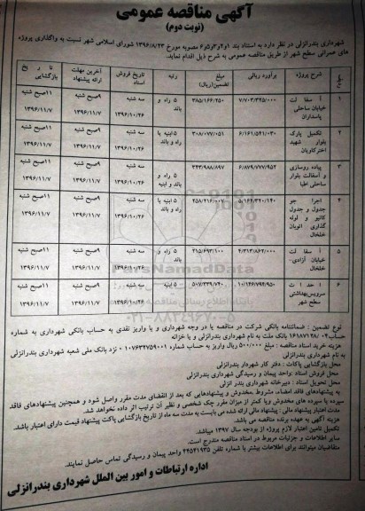 آگهی مناقصه عمومی , مناقصه واگذاری پروژه های عمرانی سطح شهر (نوبت دوم)