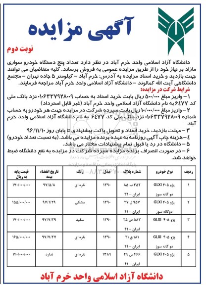 اگهی مزایده , مزایده تعداد 5 دستگاه خودرو سواری مازاد - نوبت دوم