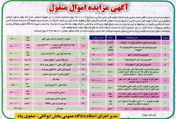 آگهی مزایده اموال منقول، مزایده مشعل دمنده کوره با الکتروموتور 1/5 کیلووات...