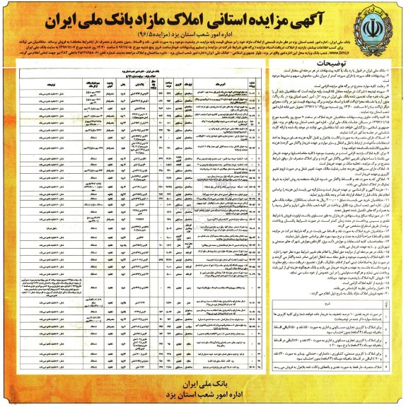 مزایده,مزایده استانی املاک مازاد بانک ملی ایران 