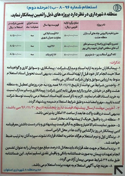 استعلام, استعلام حفر و تنقیه و لایروبی چاه های آب باران ...مرحله دوم 