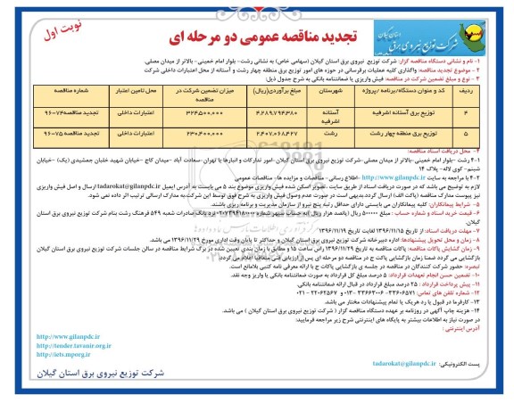 تجدید مناقصه عمومی, مناقصه واگذاری کلیه عملیات برق رسانی در حوزه های ... تجدید