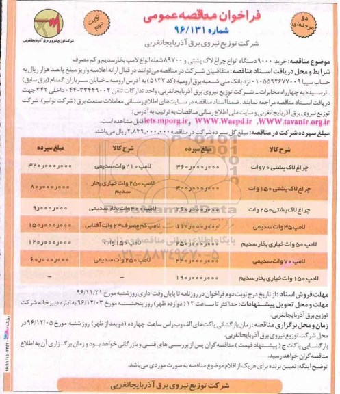 فراخوان مناقصه عمومی , مناقصه خرید انواع چراغ لاک پشتی و انواع لامپ بخار سدیم ... نوبت دوم 