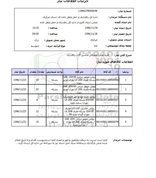 استعلام, استعلام خرید روغن مصرفی ماشین آلات راهداری