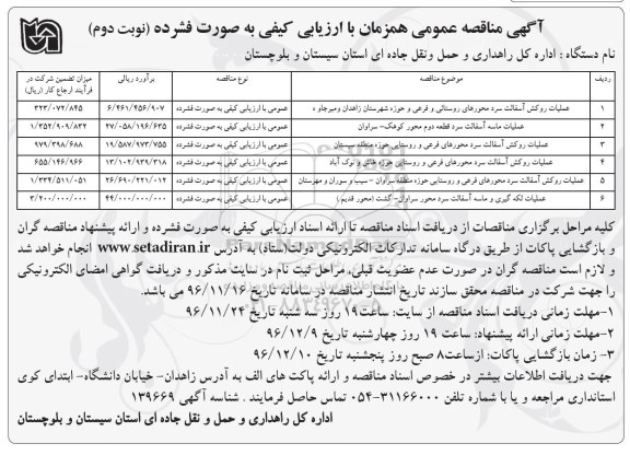 آگهی مناقصه عمومی، مناقصه عملیات روکش آسفالت سرد محورهای روستایی... نوبت دوم 