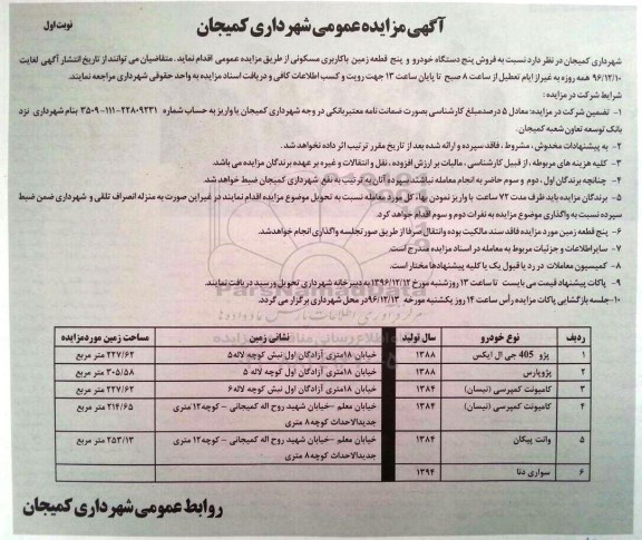 آگهی مزایده عمومی, مزایده فروش پنج دستگاه خودرو و پنج قطعه زمین با کاربری مسکونی 