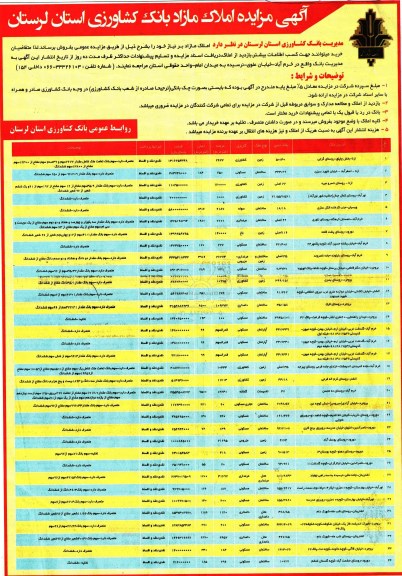 مزایده,مزایده فروش املاک مازاد بر نیاز بانک کشاورزی 