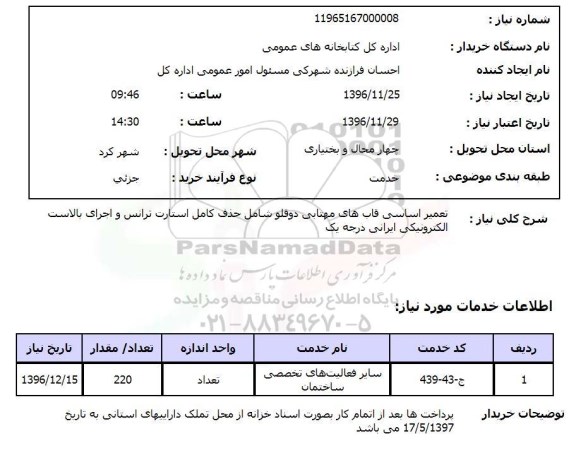 استعلام ,استعلام تعمیر اساسی قاب های مهتابی دو قلو 