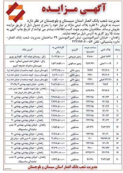 مزایده ,مزایده فروش 20 فقره پلاک ثبتی مازاد 