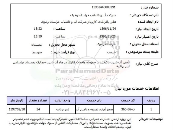 استعلام تامین آب شرب با کیفیت با حفرچاه و احداث گالری در چاه آب شرب...