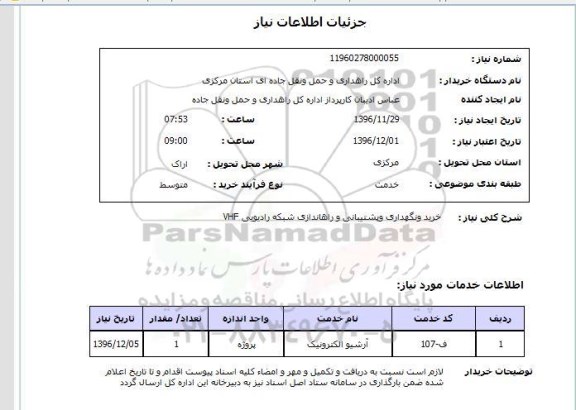 استعلام , استعلام خرید و نگهداری و پشتیبانی و راه اندازی شبکه رادیویی VHF 