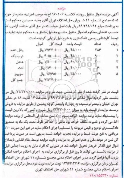 آگهی مزایده, مزایده پدال دنده، درب باک ...