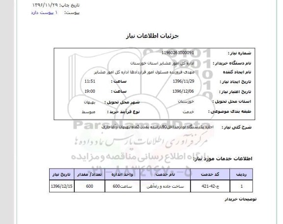 استعلام, استعلام اجاره یک دستگاه لودر 