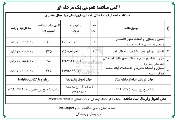 اگهی مناقصه , مناقصه تکمیل و بهسازی آسفالت 