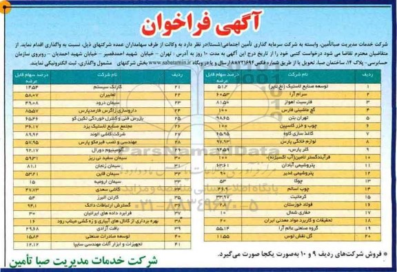 آگهی فراخوان, مزایده واگذاری سهام