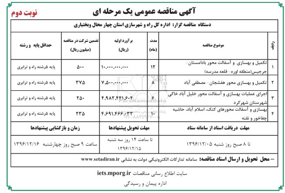 اگهی مناقصه , مناقصه تکمیل و بهسازی آسفالت - نوبت دوم