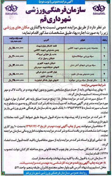 مزایده ,مزایده واگذاری مکان های ورزشی ...نوبت دوم