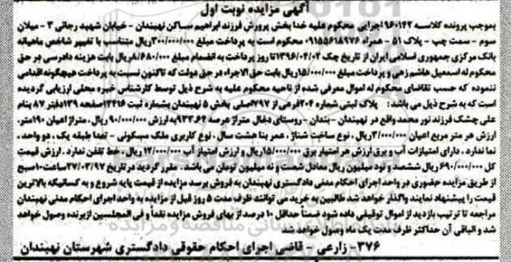 مزایده,مزایده پلاک ثبتی بخش 5 نهبندان نوبت اول