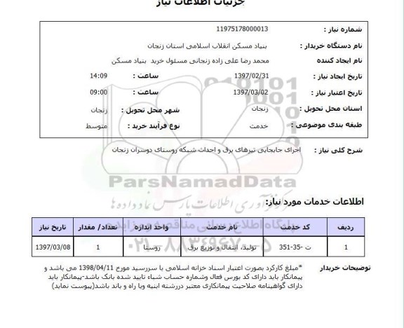 استعلام, اجرای جابجایی تیرهای برق و احداث شبکه روستای ..