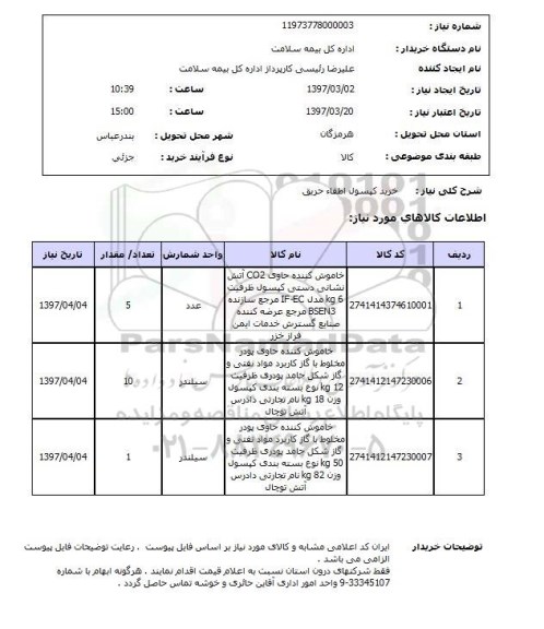 استعلام, استعلام خرید کپسول اطفا حریق