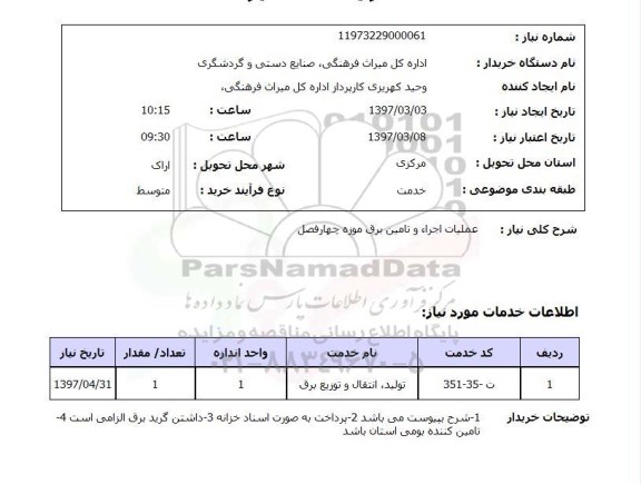 استعلام , استعلام عملیات اجراء و تامین برق موزه چهار فصل