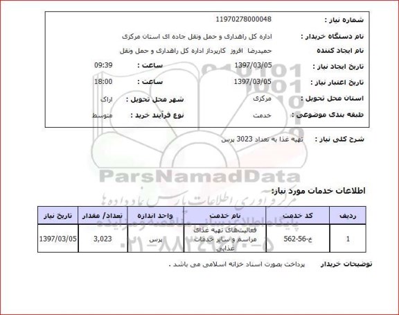 استعلام ,استعلام تهیه غذا به تعداد 3023