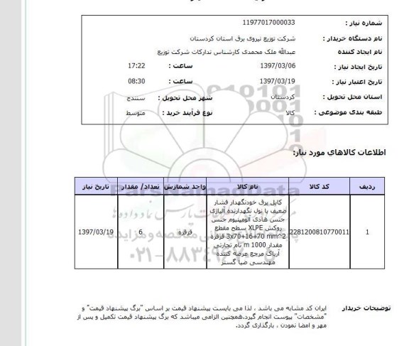 استعلام, کابل برق خودنگهدار فشار ضعیف