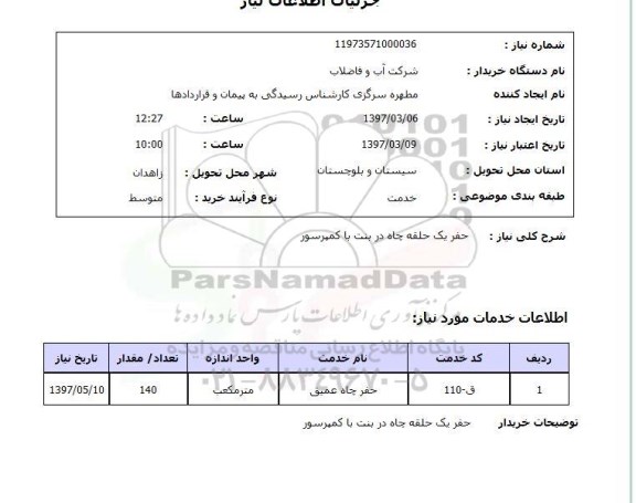 استعلام, استعلام حفر یک حلقه چاه در بنت با کمپرسور