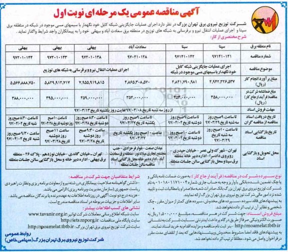 آگهی مناقصه عمومی , مناقصه اجرای عملیات جایگزینی شبکه کابل خودنگهدار 