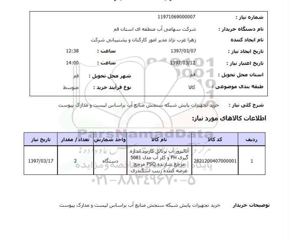 استعلام, خرید تجهیزات پایش شبکه سنجش منابع آب 