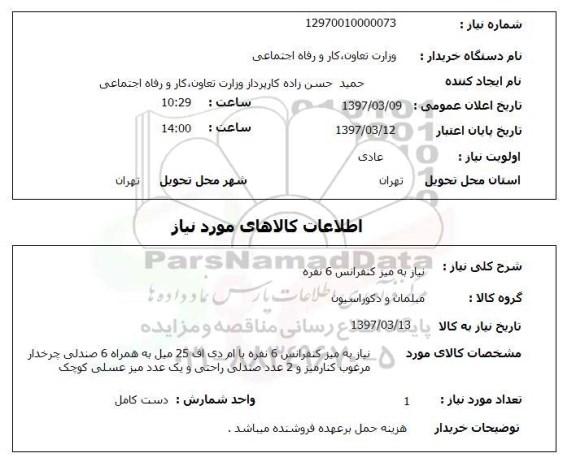 استعلام,استعلام نیاز به میز کنفرانس 6 نفره