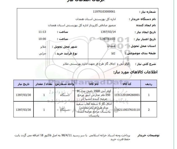 استعلام, استعلام کولر آبی و اجاق گاز