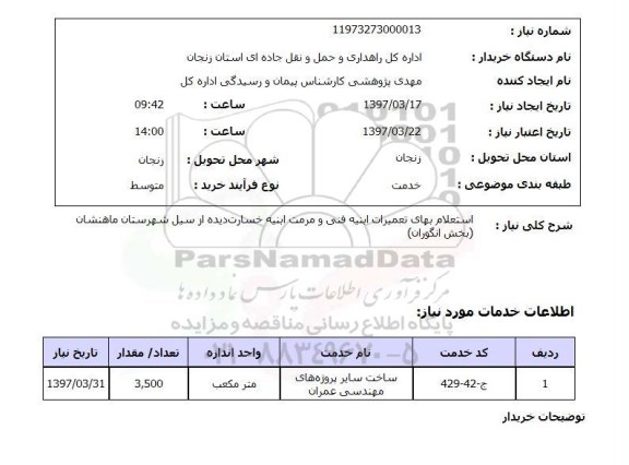 استعلام,بهای تعمیرات ابنیه فنی...