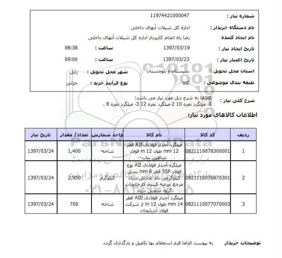 استعلام,استعلام میلگرد