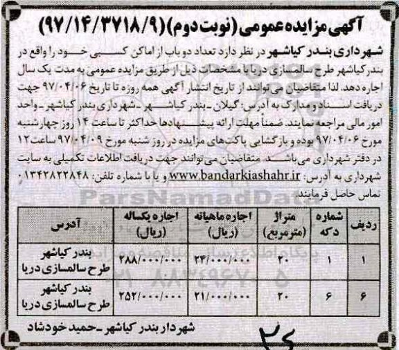 آگهی مزایده عمومی, مزایده عمومی اجاره تعداد دو باب از اماکن نوبت دوم