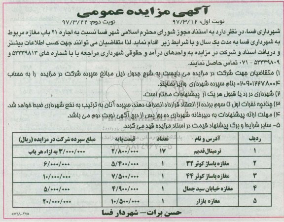 آگهی مزایده عمومی, مزایده اجاره 21 باب مغازه - نوبت دوم 