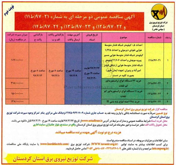 مناقصه عمومی, مناقصه احداث 0.5 کیلومتر شبکه فشار متوسط هوایی نفوذی و... (نوبت دوم)