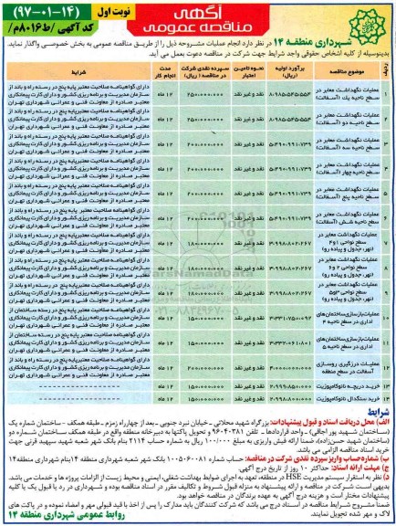 مناقصه عمومی, مناقصه عملیات نگهداشت معابر در سطح ناحیه یک و ... 