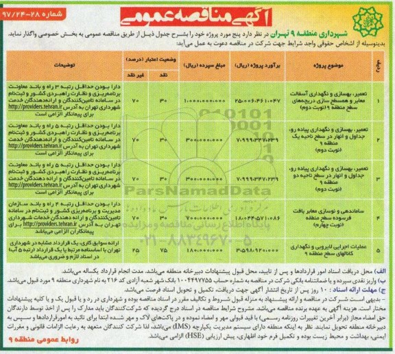 آگهی مناقصه عمومی, مناقصه تعمیر، بهسازی و نگهداری آسفالت معابر و همسطح سازی دریچه ها