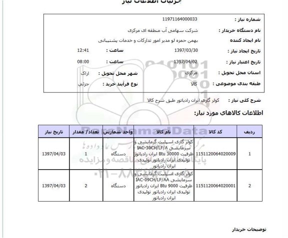 استعلام , استعلام کولر گازی