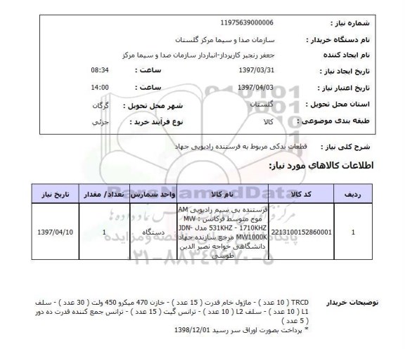 استعلام, استعلام قطعات یدکی مربوط به فرستنده رادیویی